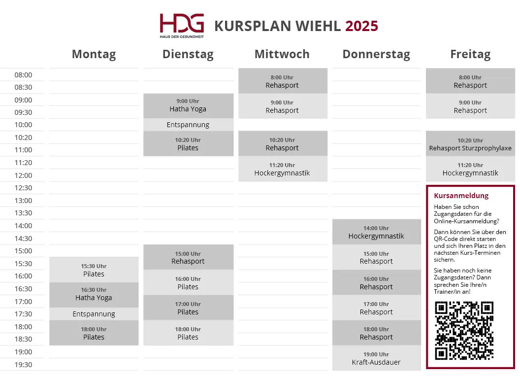 Wöchentlicher Fitnesskursplan mit Spalten für jeden Wochentag, der Aktivitäten wie Hatha Yoga, Pilates, Rehasport und Hockergymnastik auflistet; enthält einen QR-Code für die Kursanmeldung.