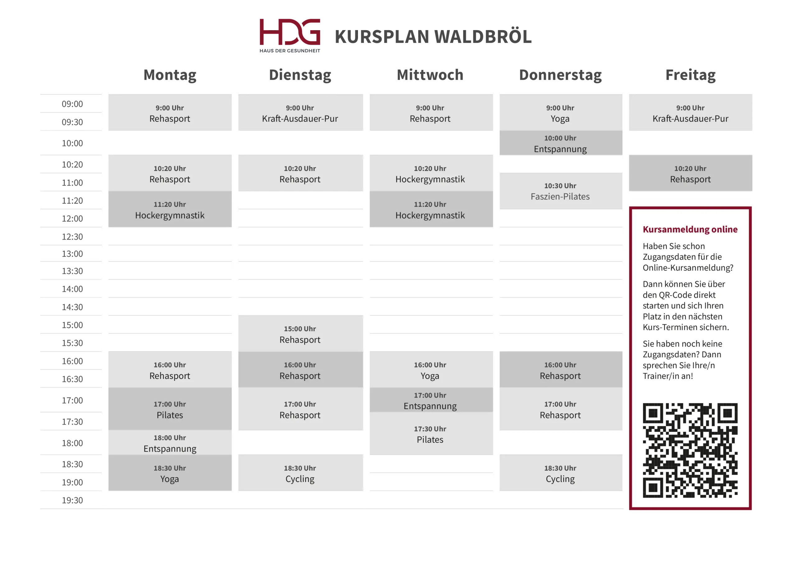 Wöchentlicher Kursplan für das Haus der Gesundheit in Waldbröl mit den Zeiten und Arten der von Montag bis Freitag angebotenen Fitnesskurse sowie einem QR-Code für die Online-Anmeldung auf der rechten Seite.