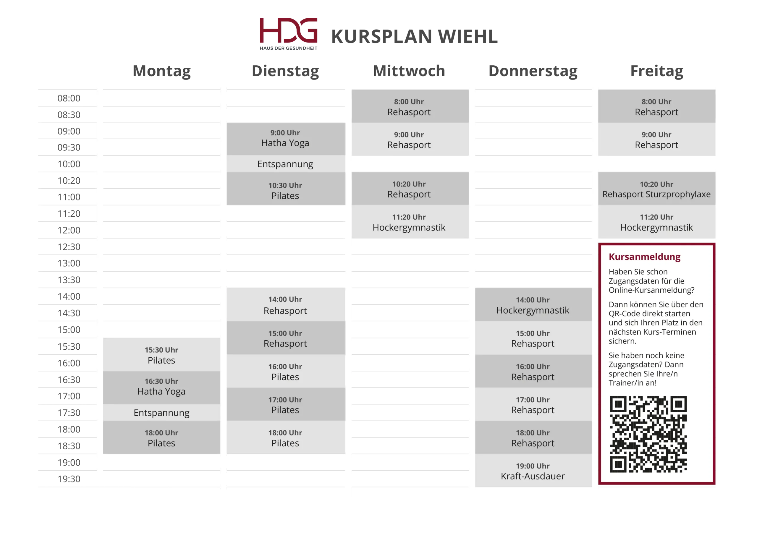 Wöchentlicher Fitnesskursplan für HDG Wiehl mit Angabe von Tagen, Uhrzeiten, Kursarten und einem QR-Code für die Kursanmeldung in der Spalte „Freitag“.